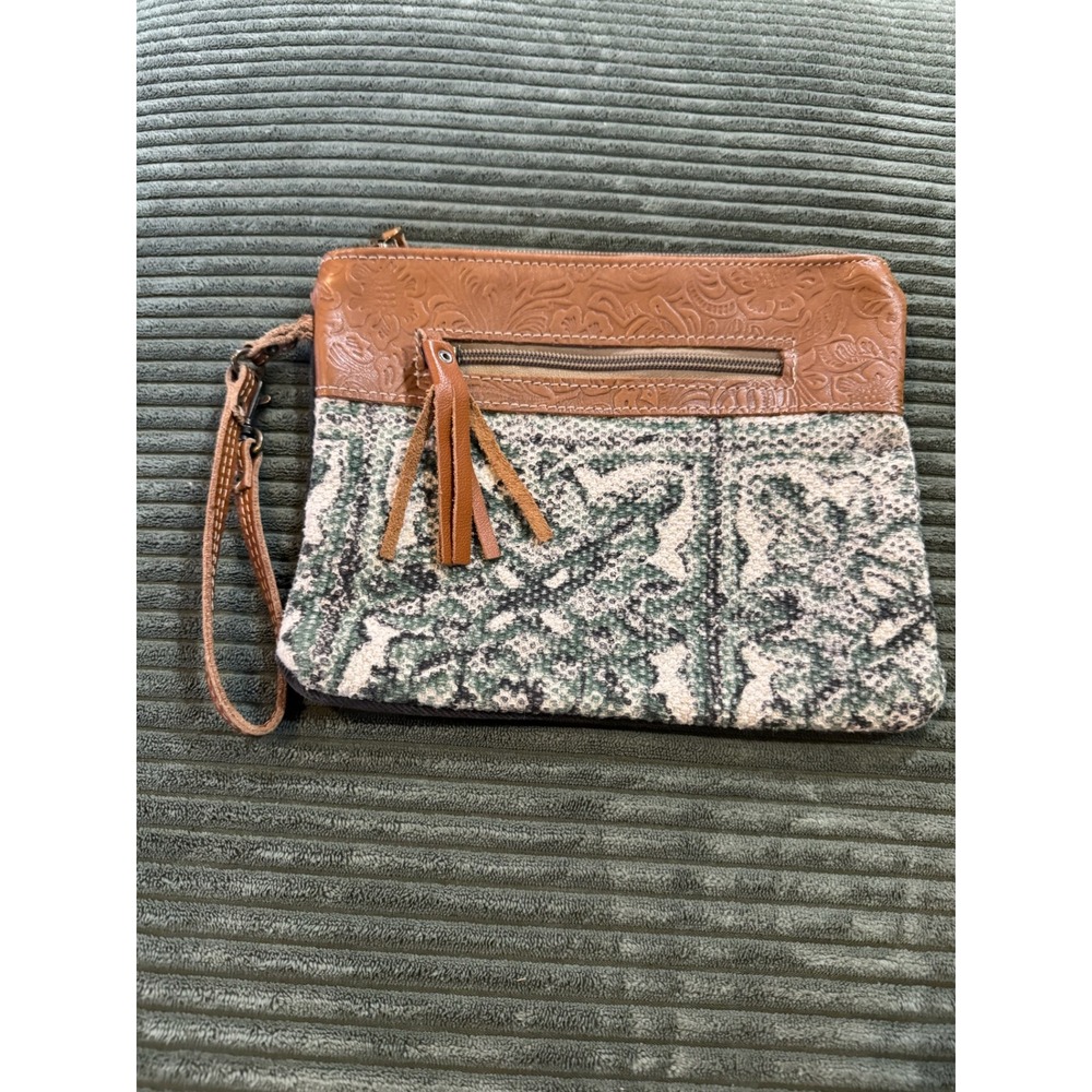 Myra Bag Leather Tooled Canvas Clutch Wristlet‎ Tassel Zipper Pouch Boho (3789)